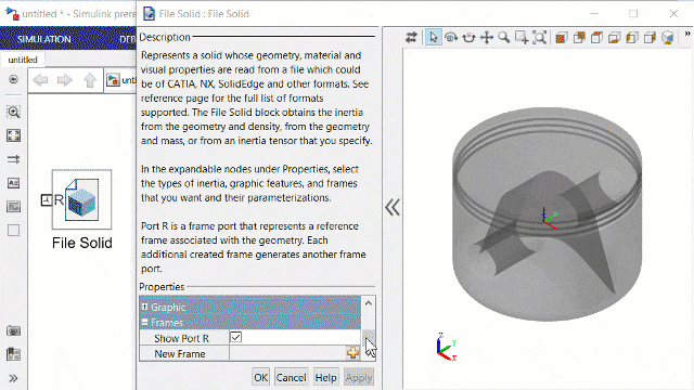 Добавление точек соединения к деталям с помощью интерфейса 3D в Simscape Multibody